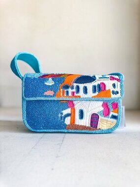 Beaded Shoulder Bag Baguette Greece Print Vacation Whimsical